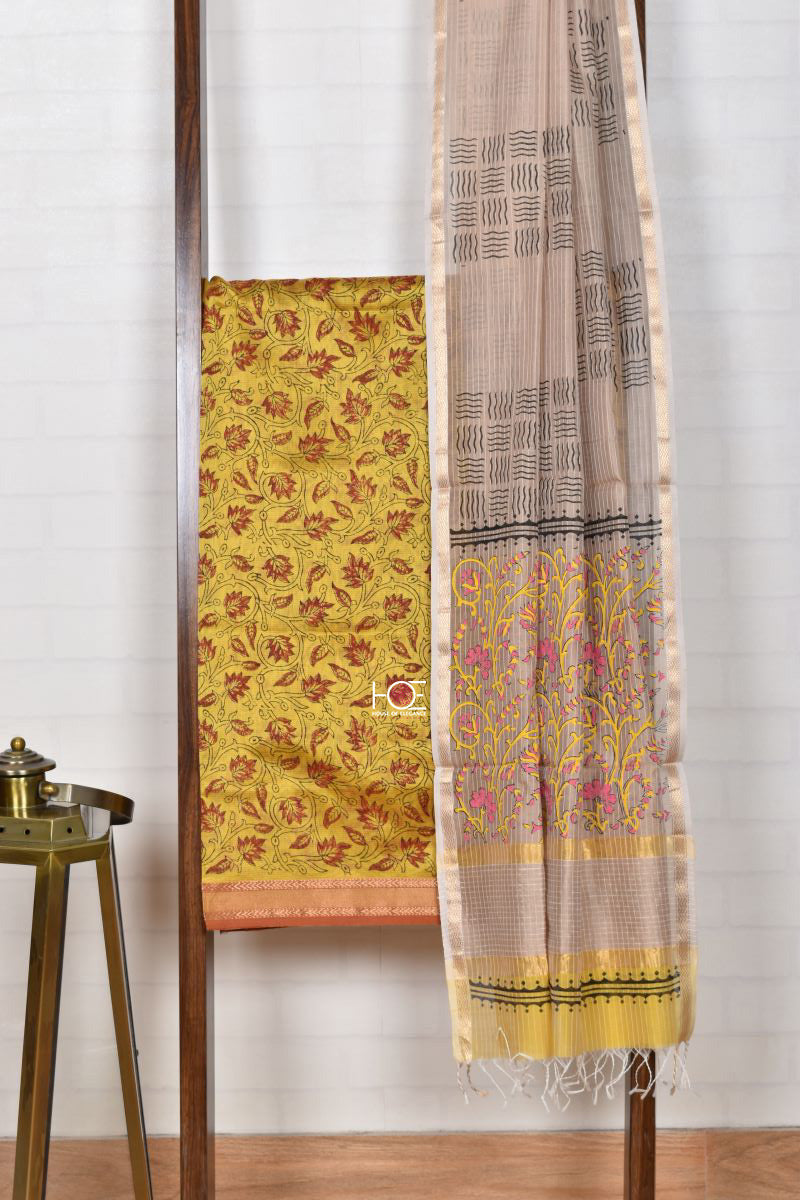 Beige Yellow Fusion / SiCo | Maheshwari Hand Block | 2 Pcs Suit - Handcrafted Home decor and Lifestyle Products