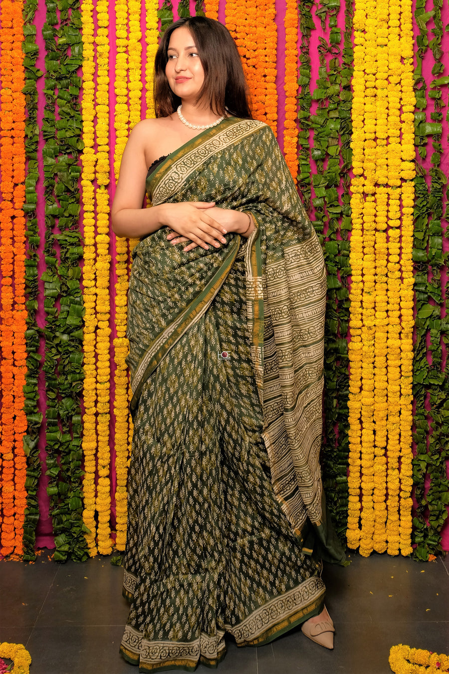 Green Bagru Dabu Print Chanderi Silk Saree: House Of Elegance