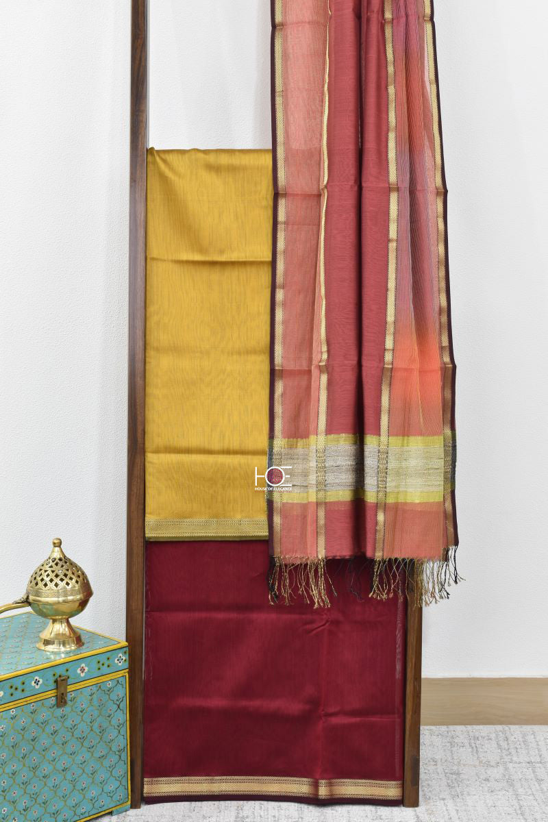 Mustard Maroon Fusion / SiCo | Maheshwari Gicha Weaves | 3 Pcs Suit - Handcrafted Home decor and Lifestyle Products