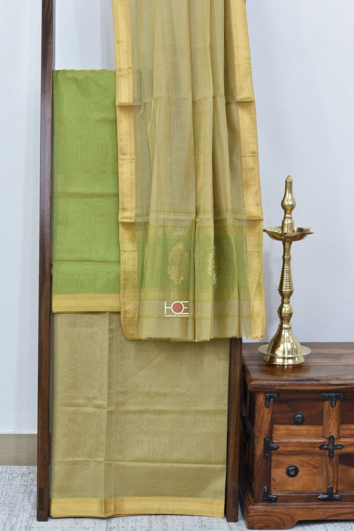 Golden Blush Green-Beige / Tissue SiCo | Maheshwari Zari | 3 Pcs Suit - Handcrafted Home decor and Lifestyle Products
