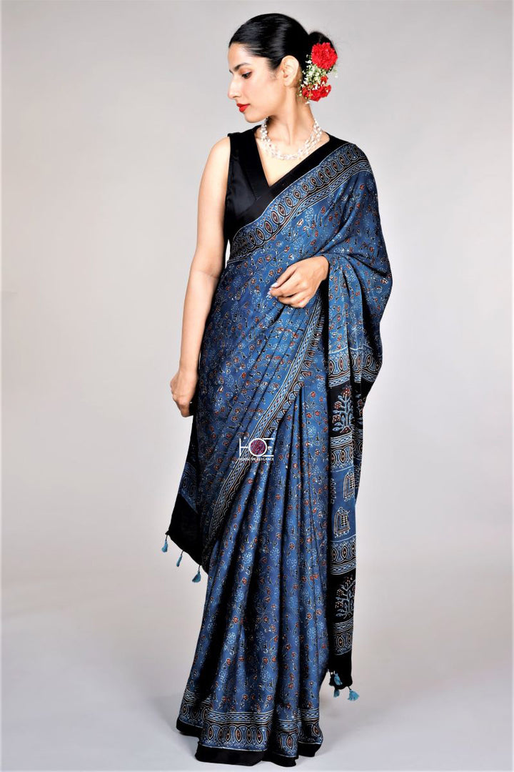 Ajrakh Modal Silk Sarees Indigo Blue Black Sari Ajrakh Hand Block Print Sari From Kutch Resist Dyeing Technique Using Vegetable Dye