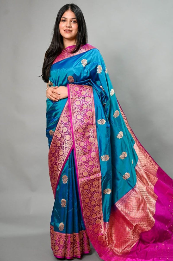 Starry Blue Magenta Pure Katan Silk Banarasi Handloom Saree