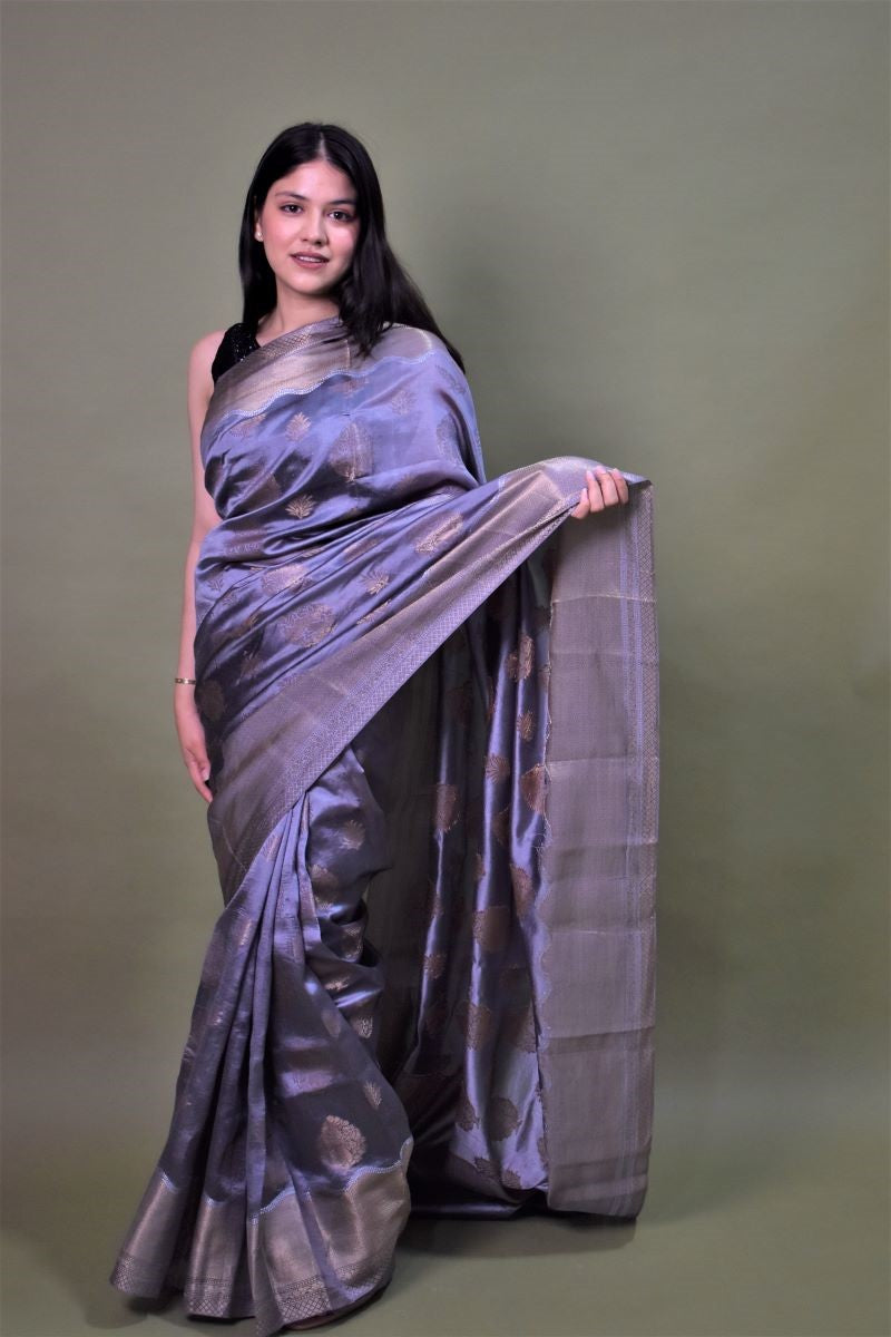 Grey Handloom Banarasi Chiniya Silk Saree: House Of Elegance