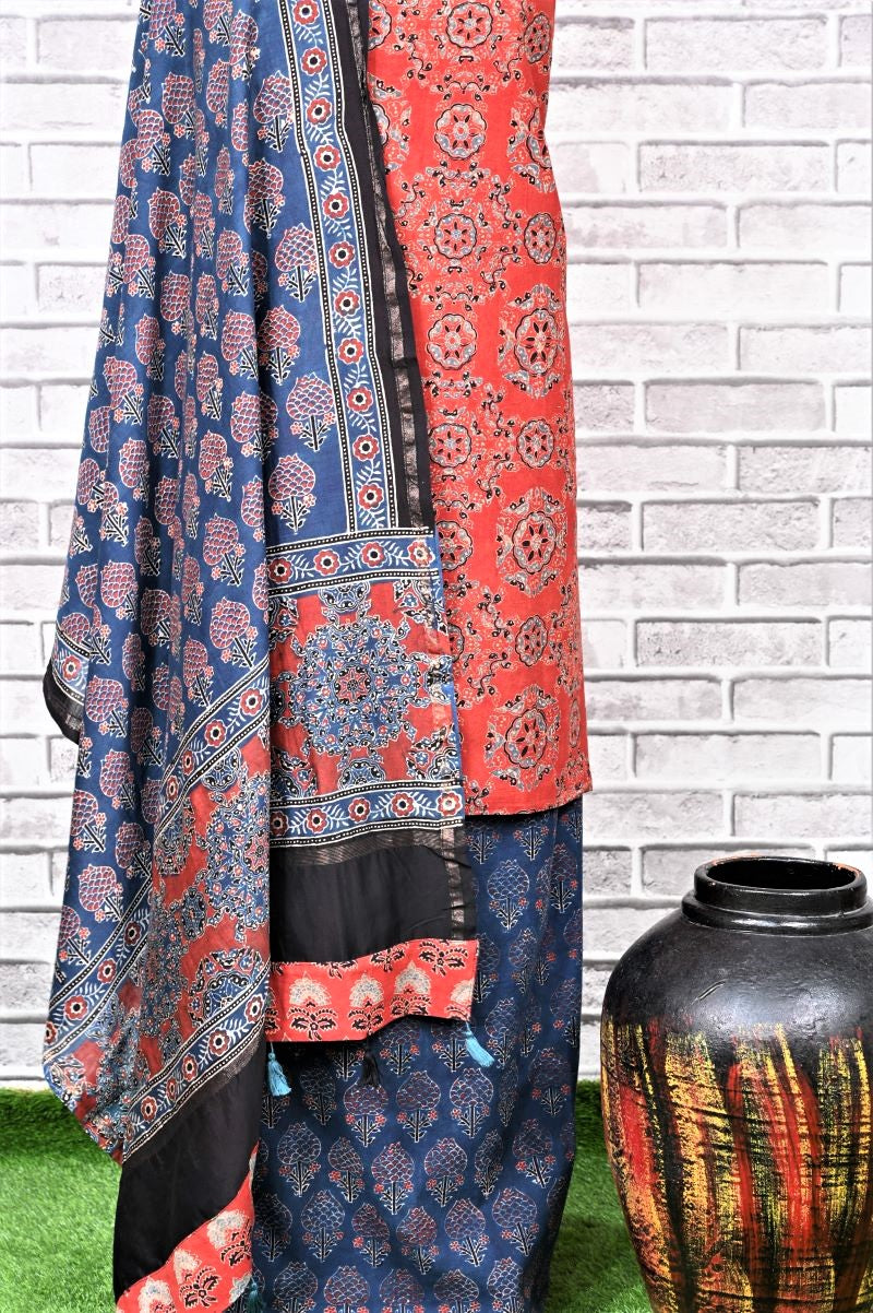 Red Indigo Kamal Unstitched Cotton Chanderi Ajrakh Print Suit