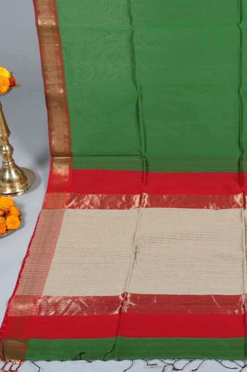Green Red Maheshwari SiCo Sarees from Maheshwar Madhya Pradesh Traditional Maheshwari Saree Ghicha Pallu Zari Border Maheshwari Silk Saree