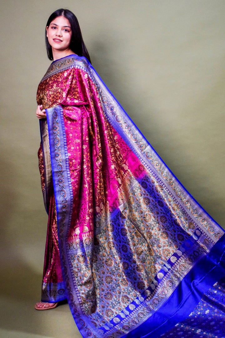 Magenta Blue Tanchoi Jamawar Silk Saree By House Of Elegance