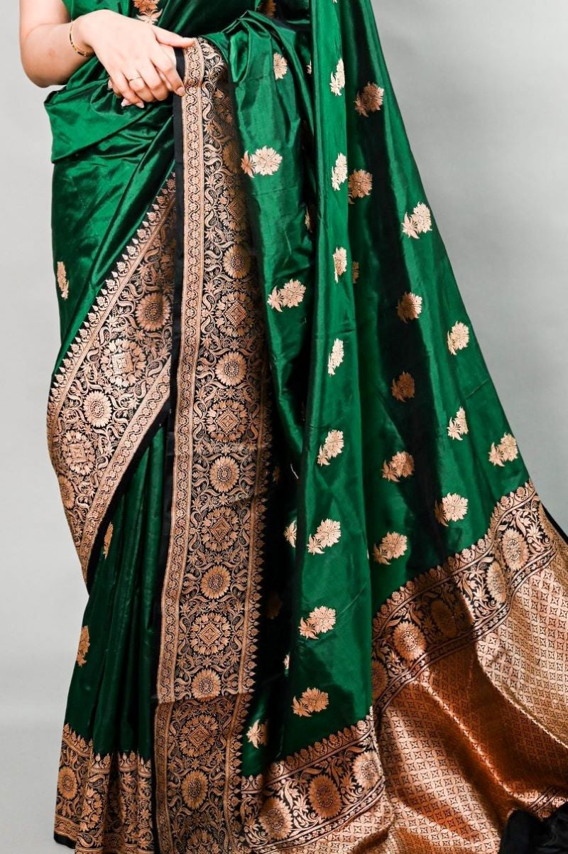 Green Black Pure Kadhwa Katan Silk Banarasi Handloom Saree
