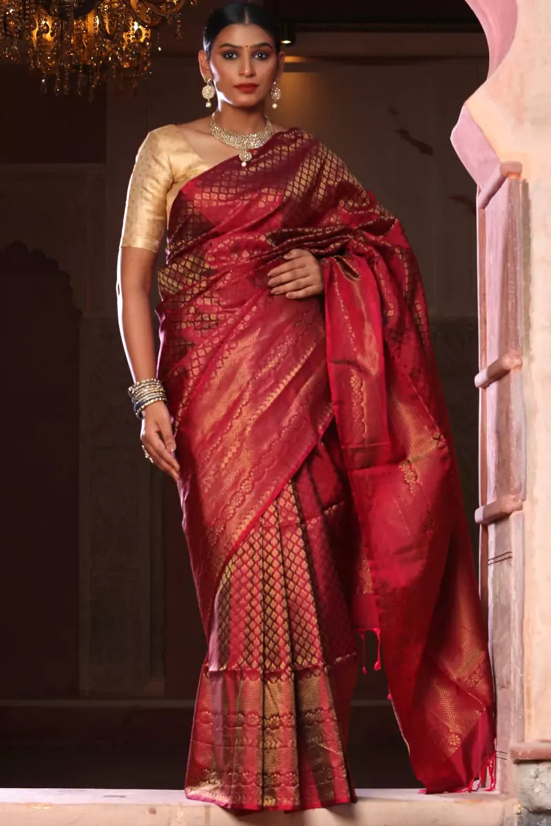 Buy Satrani Maroon & Golden Silk Woven Saree With Unstitched Blouse for  Women Online @ Tata CLiQ