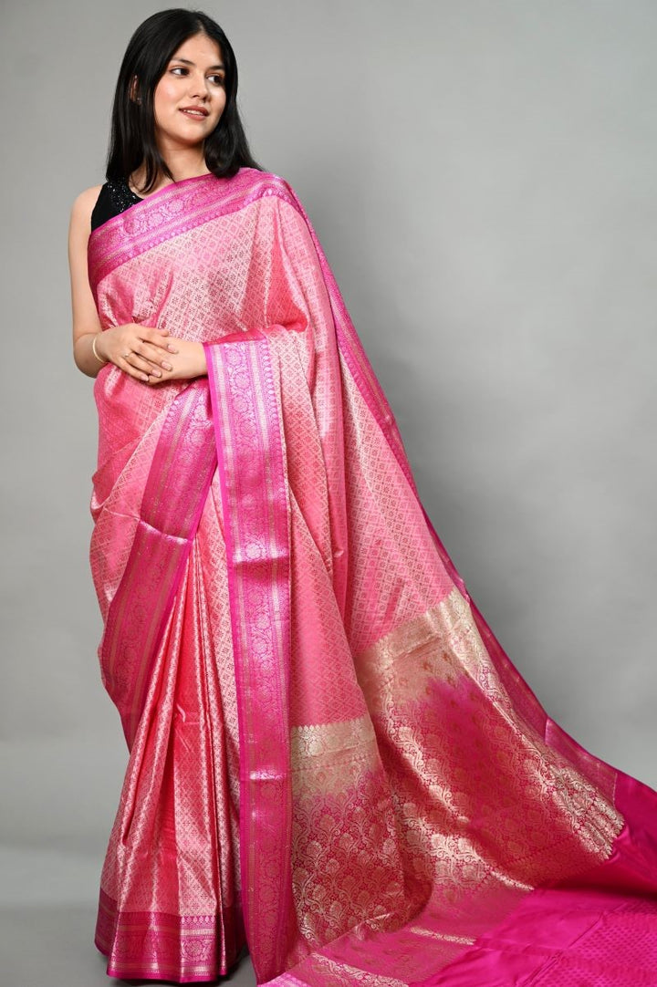 Pink Pure Tanchoi Jamawar Silk Saree: House Of Elegance