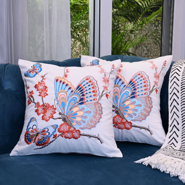 Butterfly Cotton Embroidered Cushion Cover