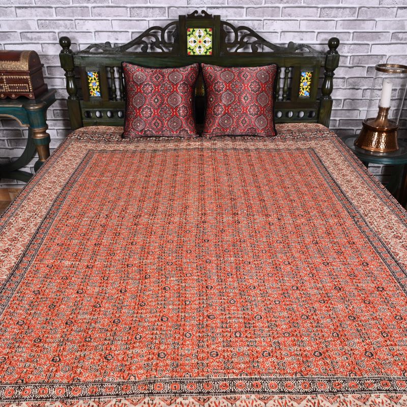 ajrakh-print-quilted bedcover-kantha-bedspread