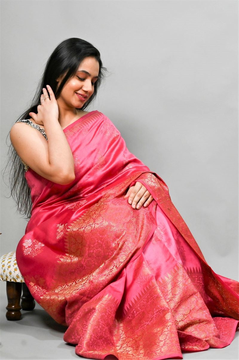 Pink Handloom Banarasi Chiniya Silk Saree: House Of Elegance