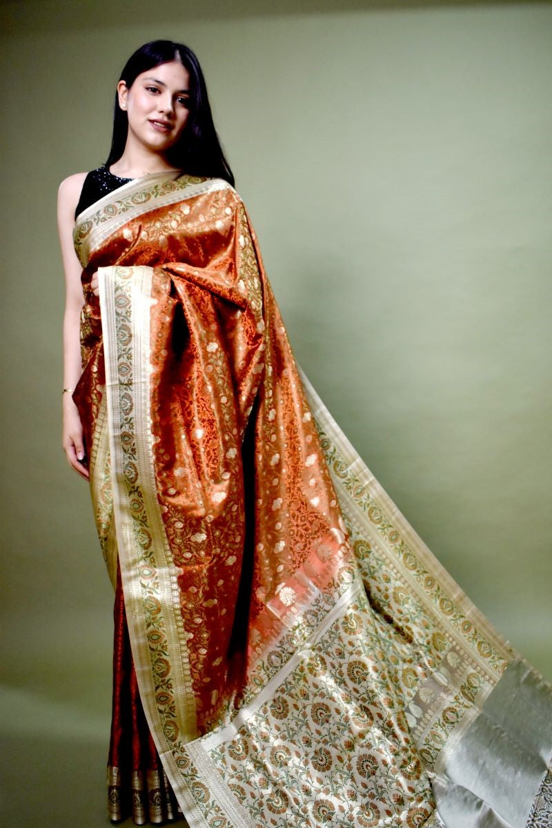 Rusty Golden Tanchoi Jamawar Silk Saree: House Of Elegance