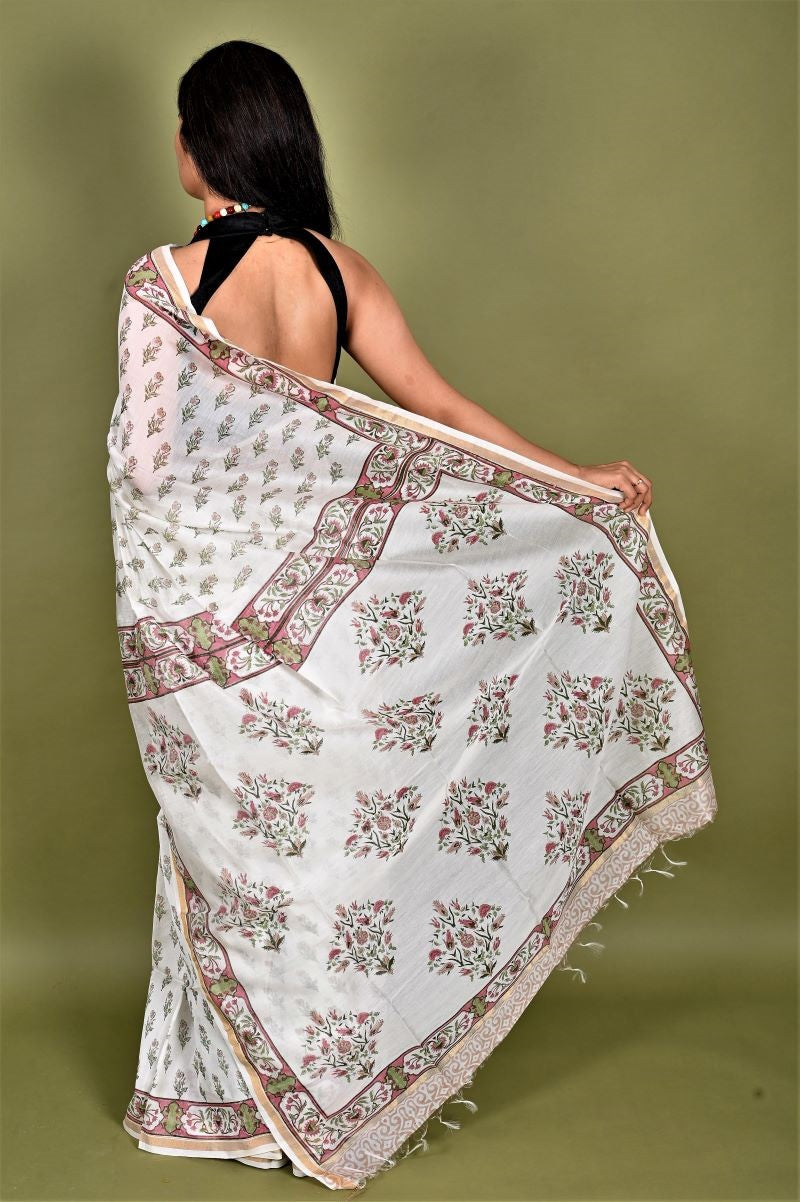 White Hand Block Print Chanderi Silk Saree: House Of Elegance