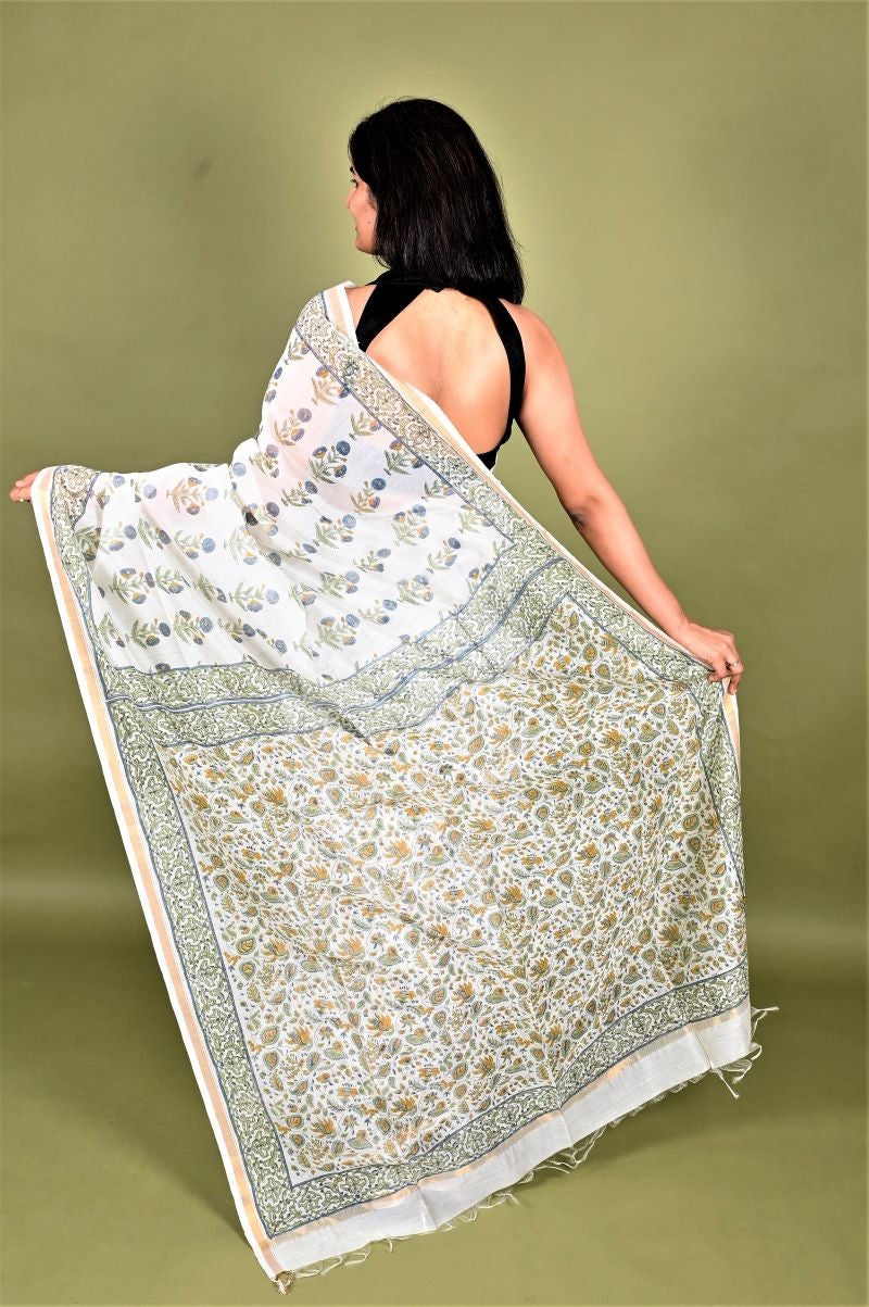 White Buta Hand Block Chanderi Silk Saree: House Of Elegance