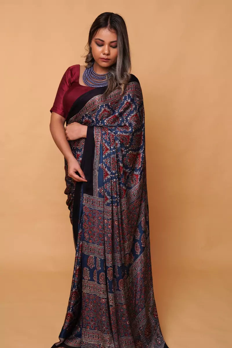 Blue Modal Silk Ajrakh Saree