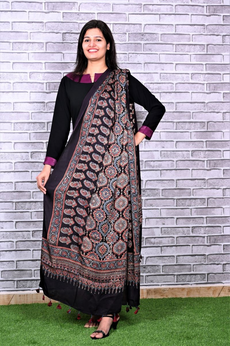 Black String Paisley Modal Silk Ajrakh Dupatta