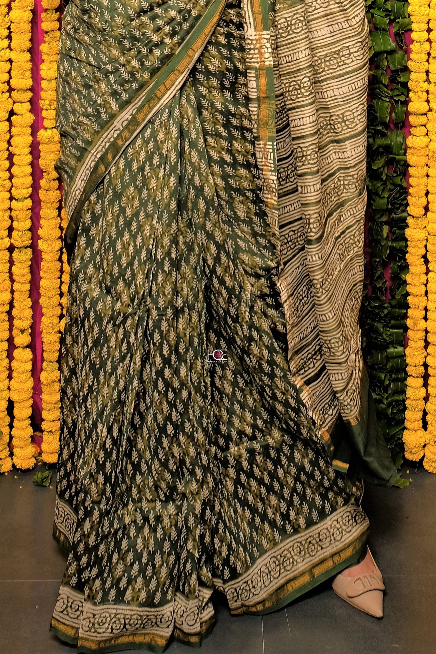 Green Bagru Dabu Print Chanderi Silk Saree: House Of Elegance