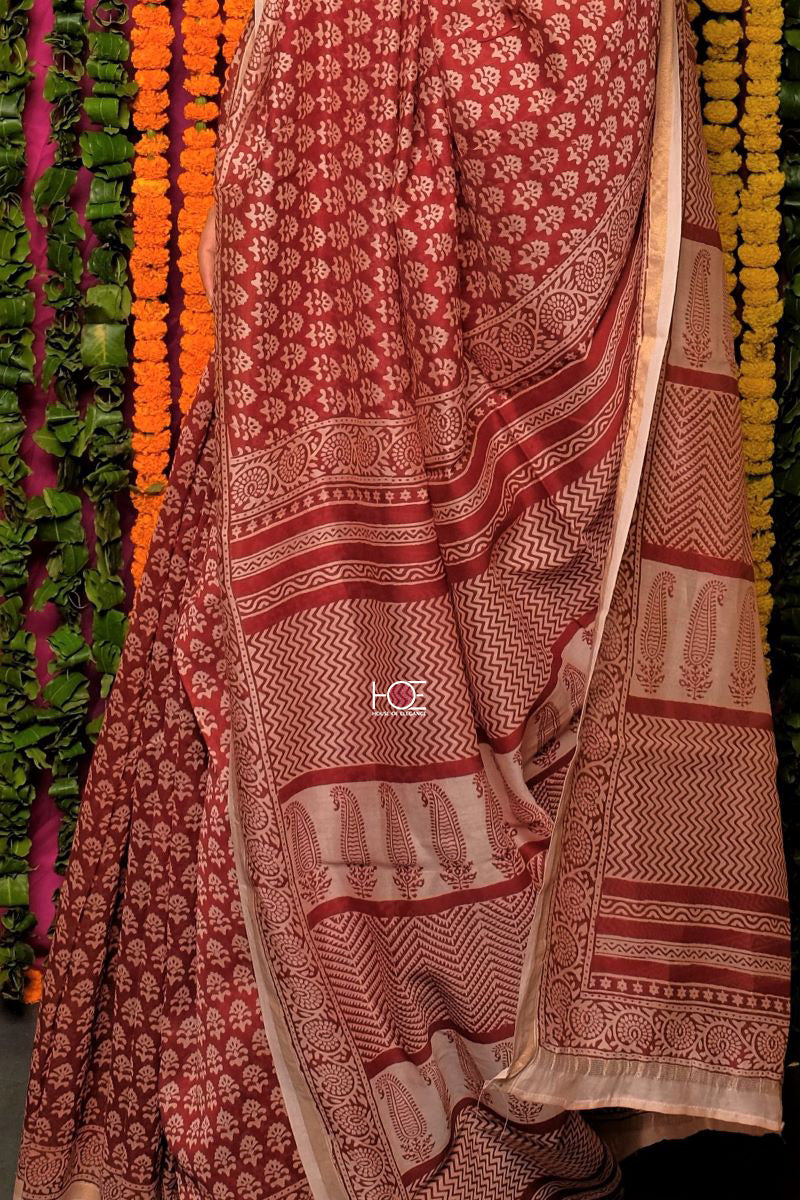 Red Floret Chanderi Silk Bagh Print Saree: House Of Elegance