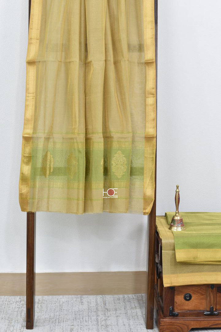 Golden Blush Green-Beige / Tissue SiCo | Maheshwari Zari | 3 Pcs Suit - Handcrafted Home decor and Lifestyle Products