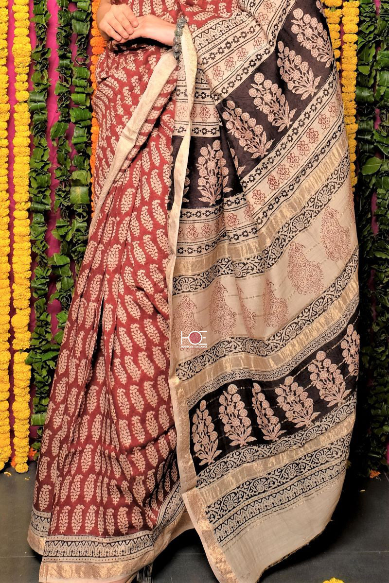 Red Buti Chanderi Silk Bagh Print Saree by House Of Elegance