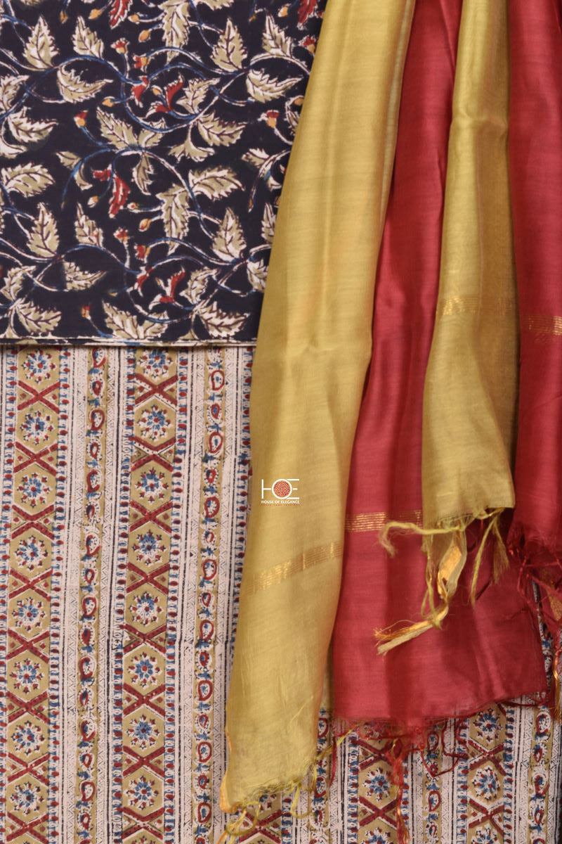 Mustard Maroon Midnight Blossom / Cotton & Chanderi | Kalamkari | 3 Pcs Suit - Handcrafted Home decor and Lifestyle Products