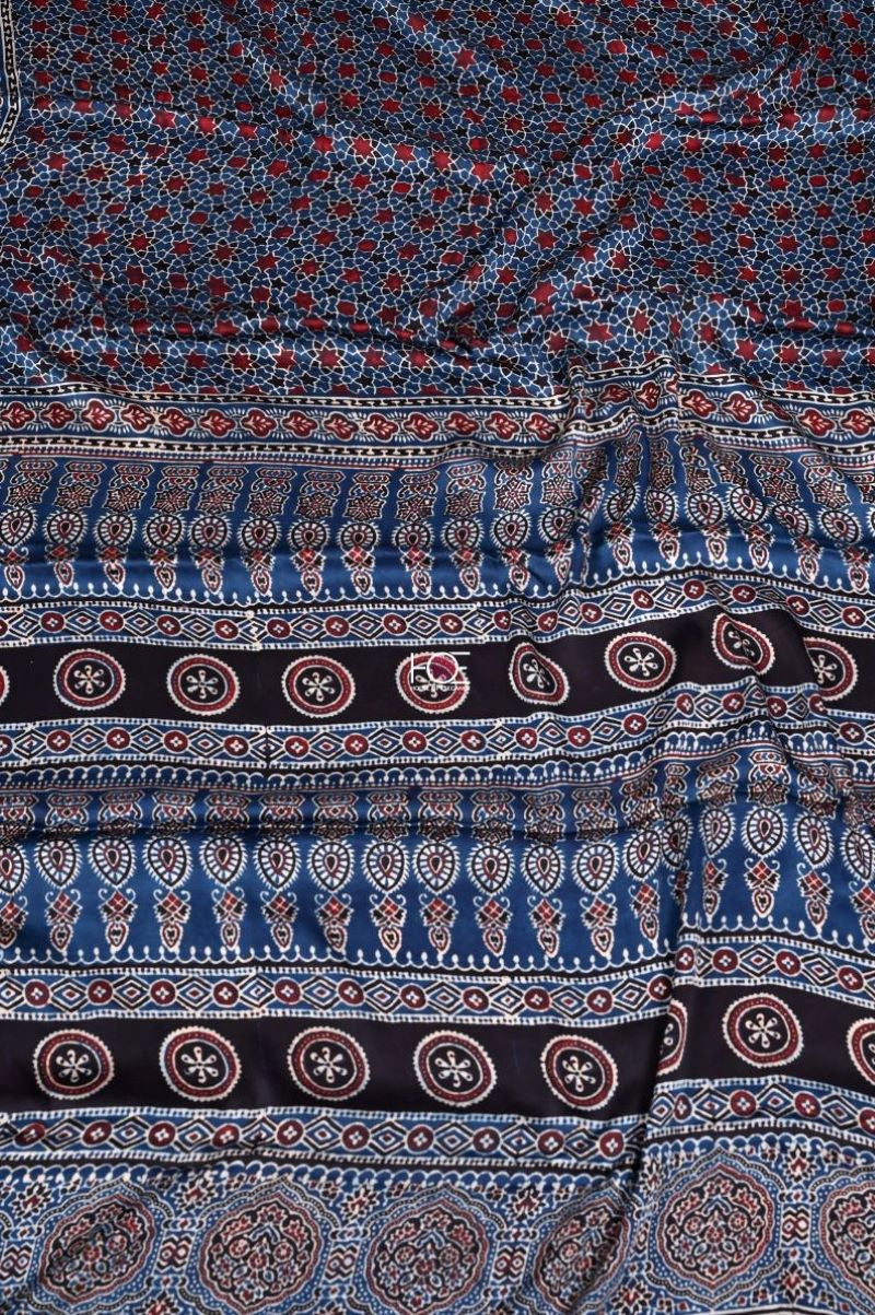 Blue modal silk ajrakh sarees from bhuj