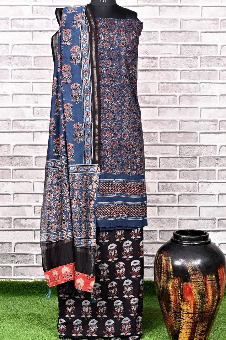 Indigo Black Unstitched Cotton Chanderi Ajrakh Print Suit
