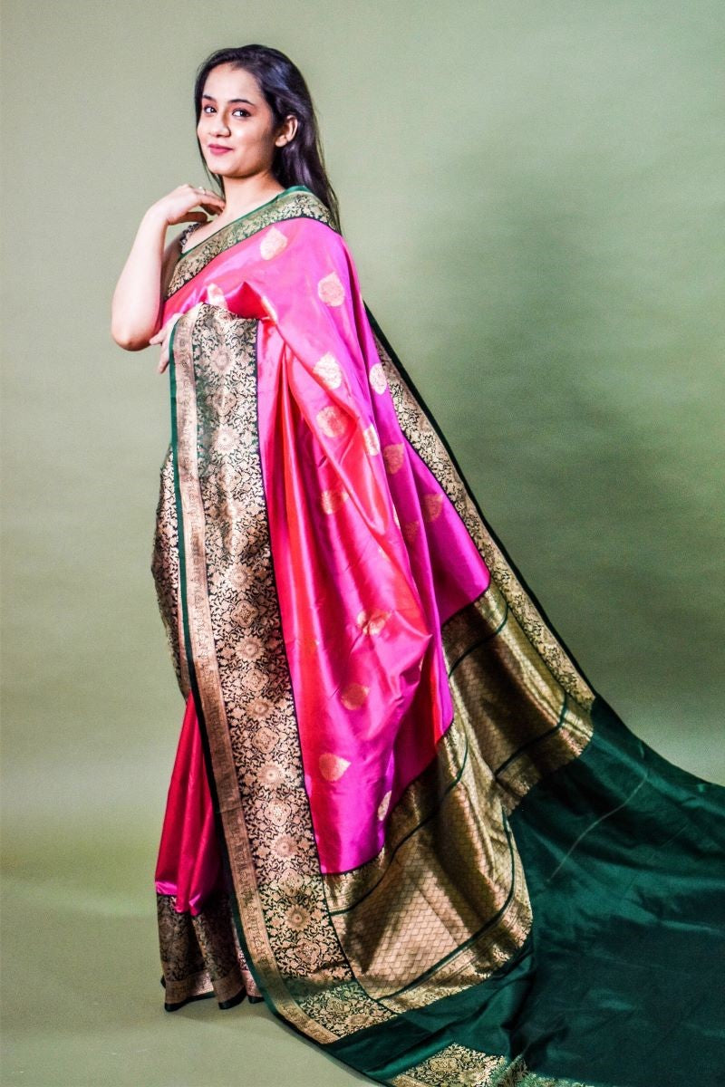 Emerald Cerise Banarasi Katan Silk Saree
