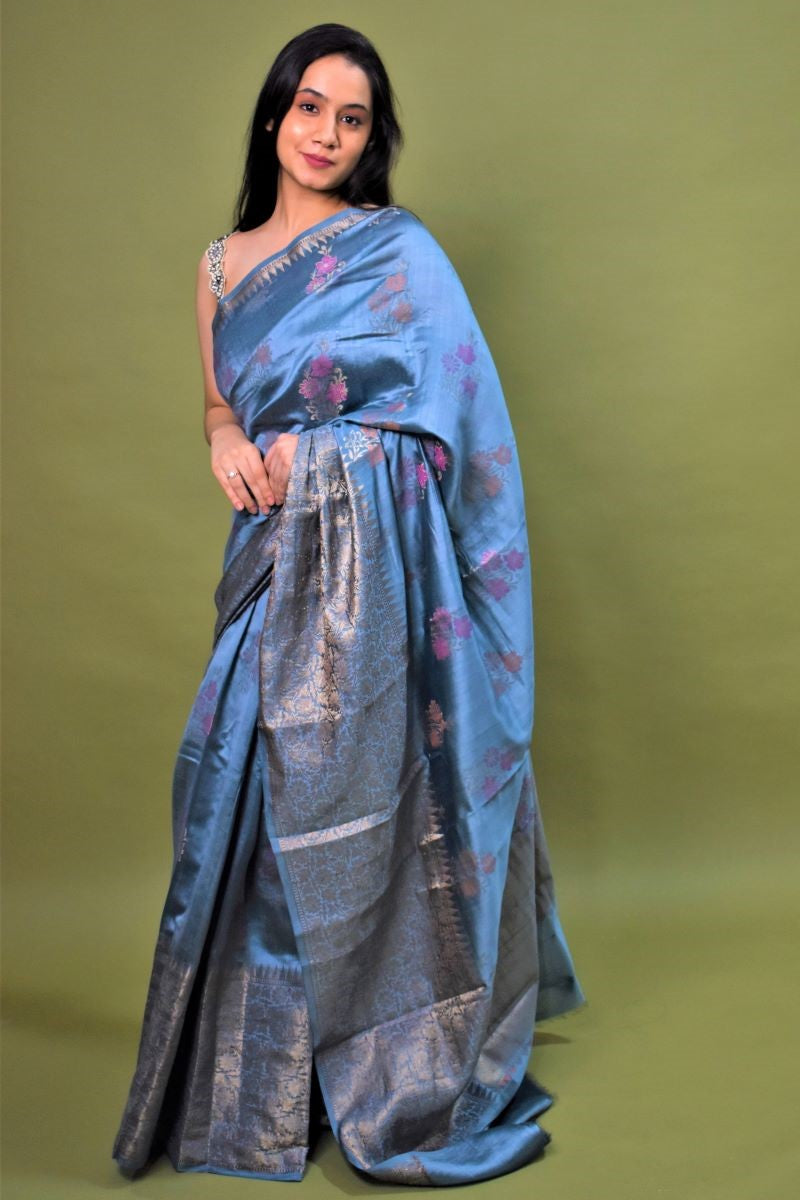Blue Handloom Banarasi Chiniya Silk Saree: House Of Elegance