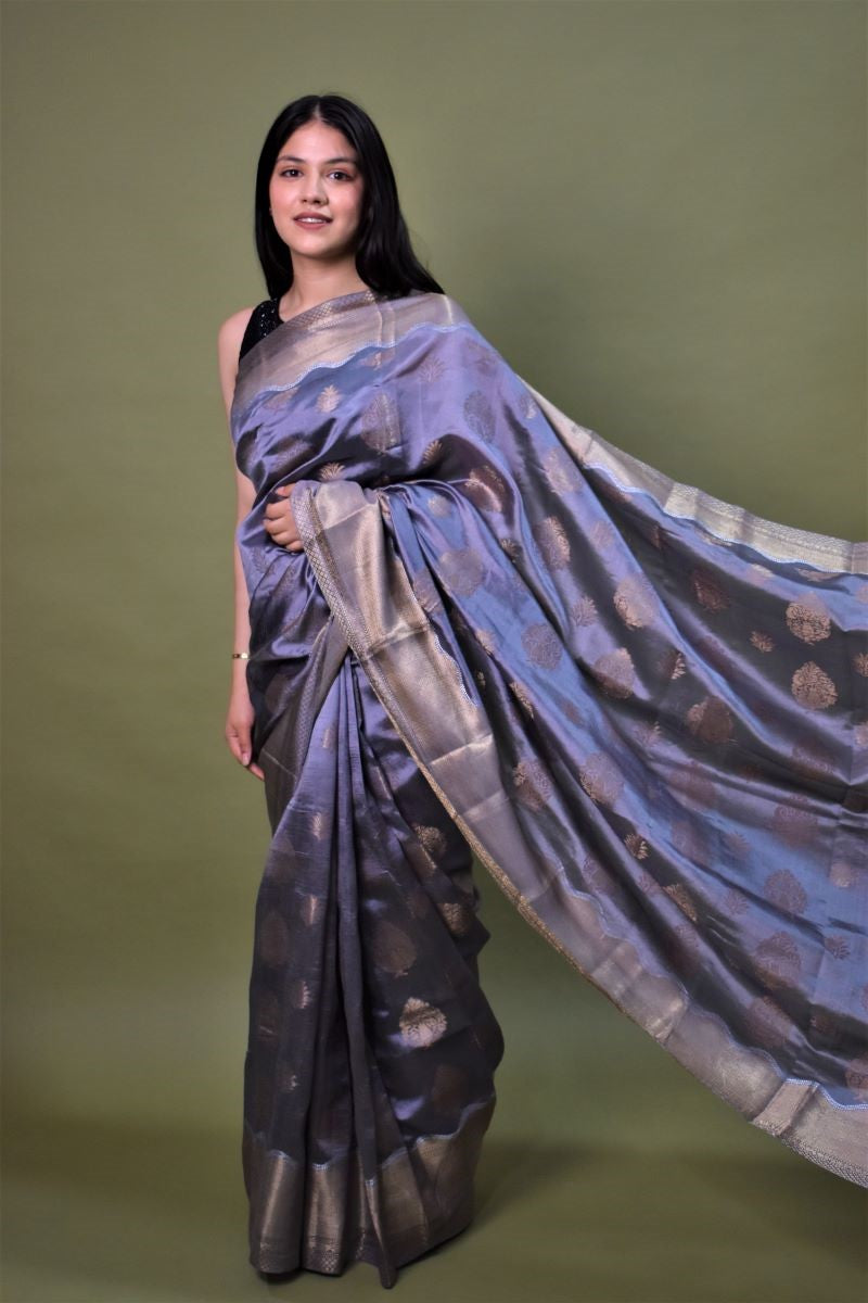 Grey Handloom Banarasi Chiniya Silk Saree: House Of Elegance