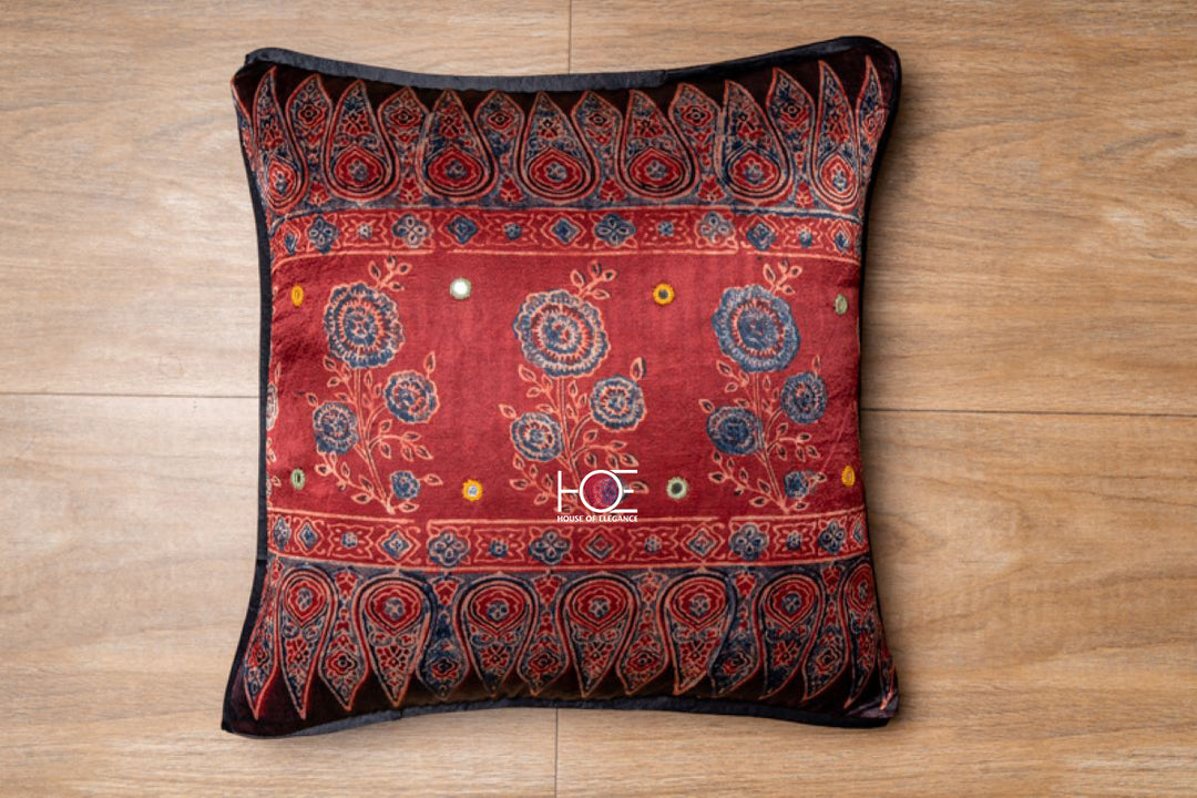 Crimson Red Corsage / Mushroo Silk | Ajrakh | 16X16 - Handcrafted Home decor and Lifestyle Products