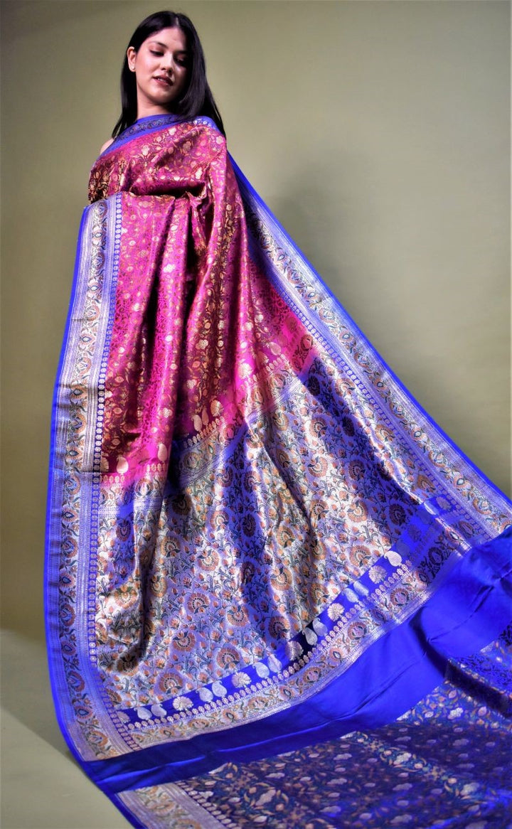 Magenta Blue Tanchoi Jamawar Silk Saree By House Of Elegance