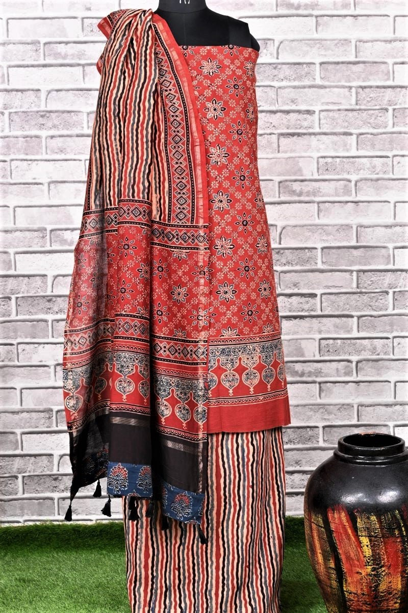 Red Starry Stripes Unstitched Cotton Chanderi Ajrakh Print Suit