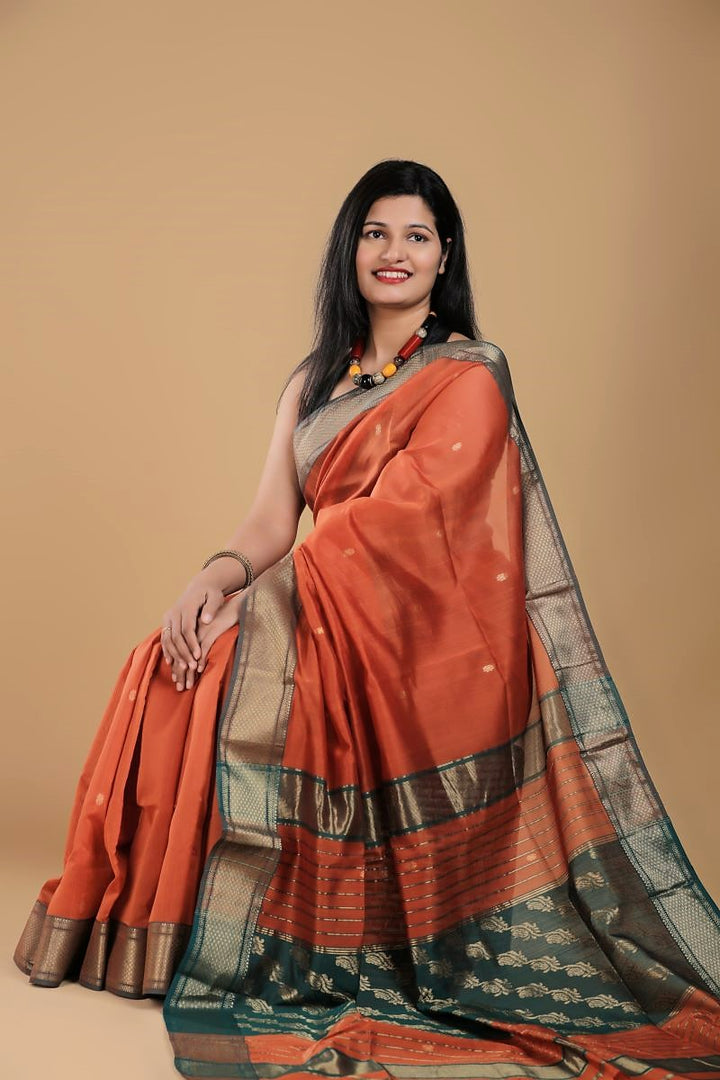 Orange Handloom Maheshwari Silk Cotton Saree: House Of Elegance Image
