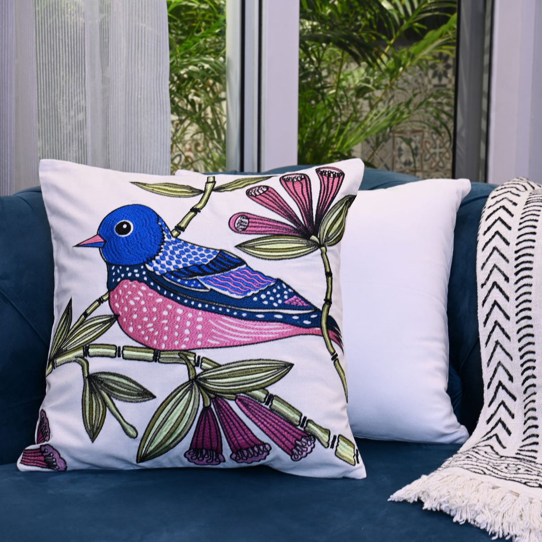 Bird In Paradise Cotton Embroidered Cushion Cover