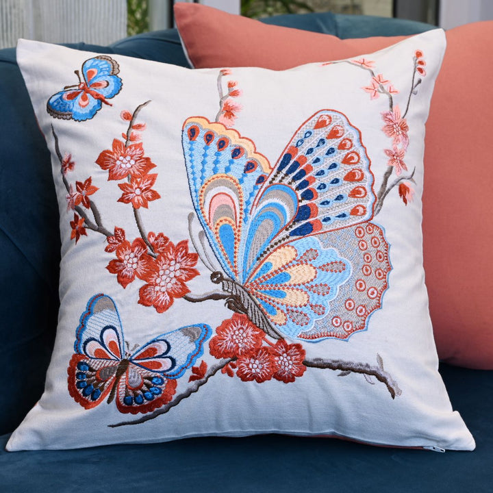 Butterfly Cotton Embroidered Cushion Cover