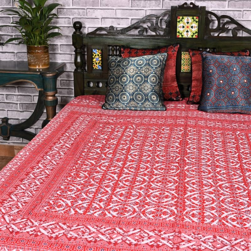 Red-Ajrakh-Applique-Bed-Cover-Set