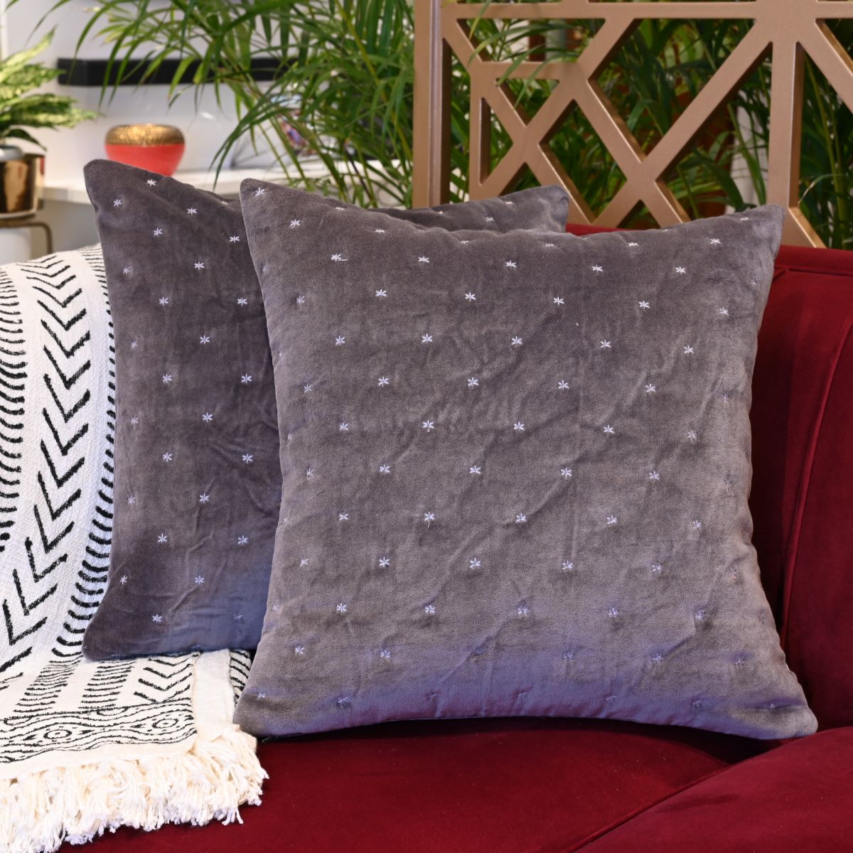 Grey crushed velvet top pillows