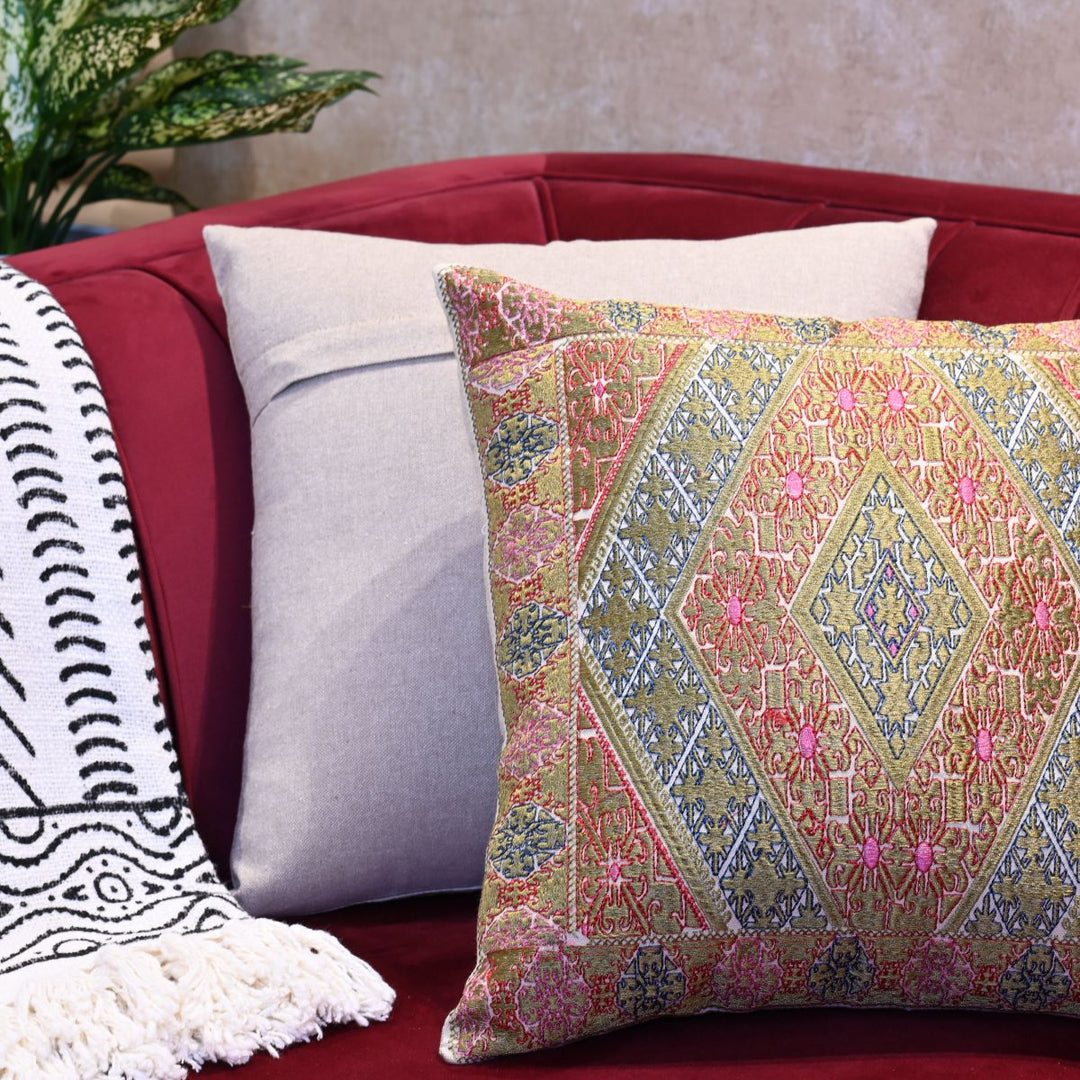 Green Aztec Cotton Embroidered Cushion Cover