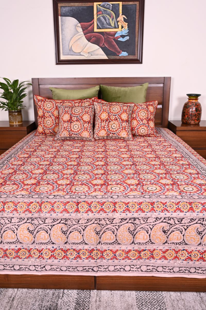 Red-Kalamkari-Bedsheet-set-cotton-bed-linen