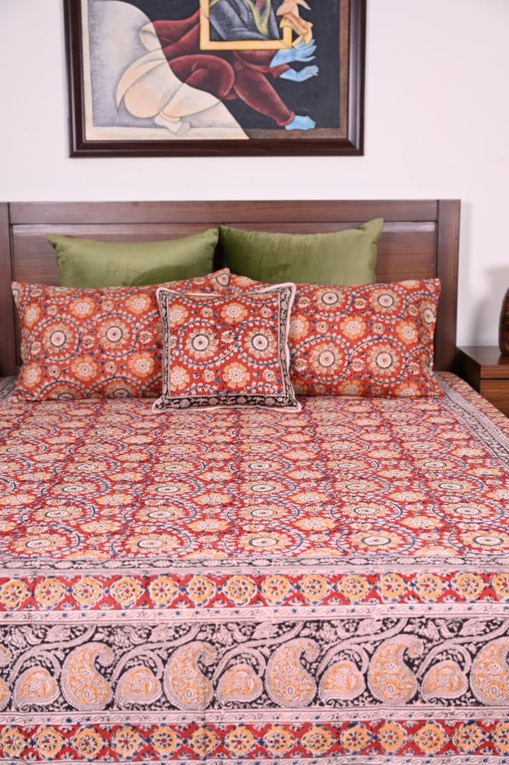 Red-Beige-Kalamkari-Bedsheet-set-cotton-bed-linen