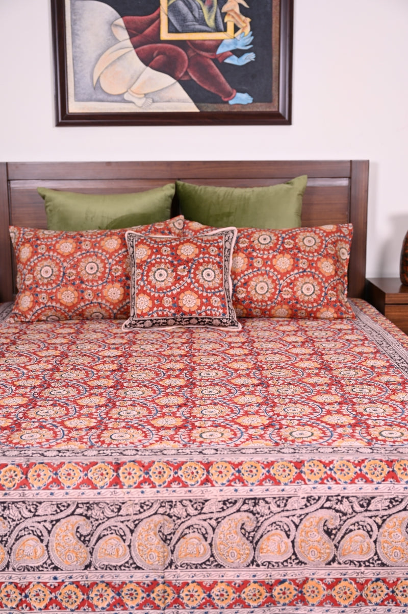 Red-Beige-Kalamkari-Bedsheet-set-cotton-bed-linen
