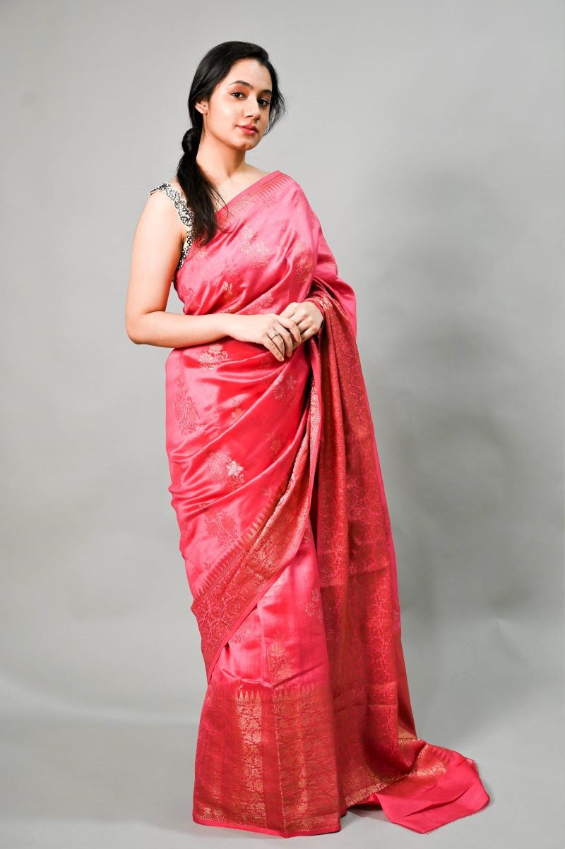 Pink Handloom Banarasi Chiniya Silk Saree: House Of Elegance