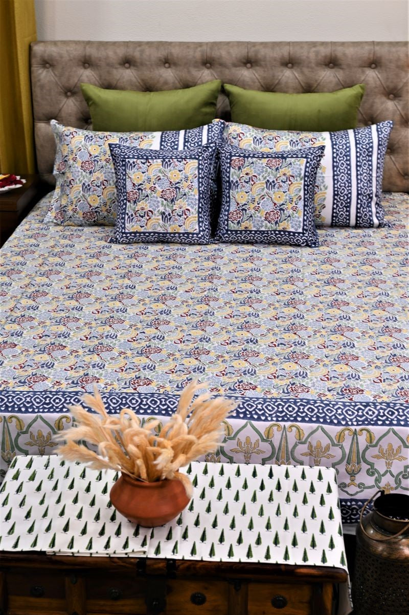 Blue-Floral-Sanganeri-Hand-Block-Printed-Bedsheet-set-in-India