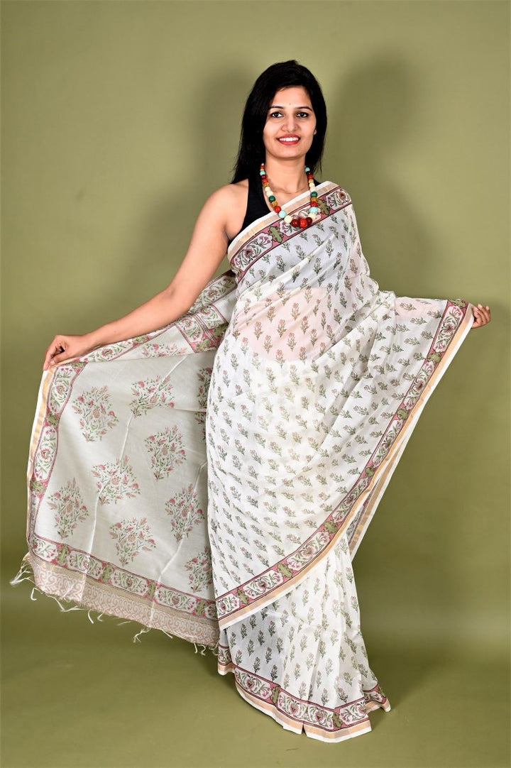 White Hand Block Print Chanderi Silk Saree: House Of Elegance
