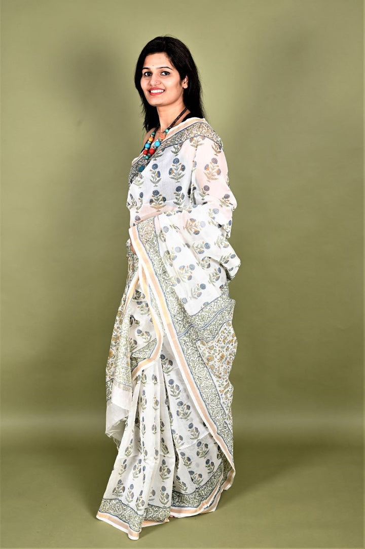 White Buta Hand Block Chanderi Silk Saree: House Of Elegance