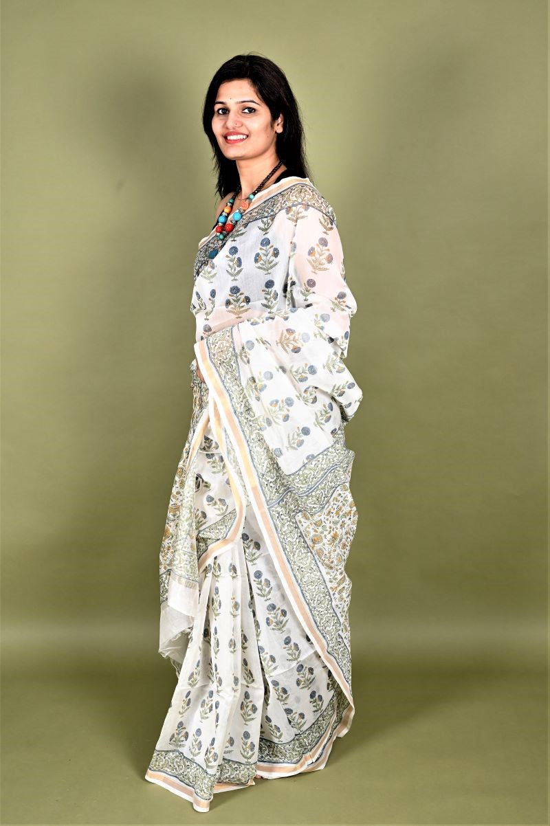 White Buta Hand Block Chanderi Silk Saree: House Of Elegance