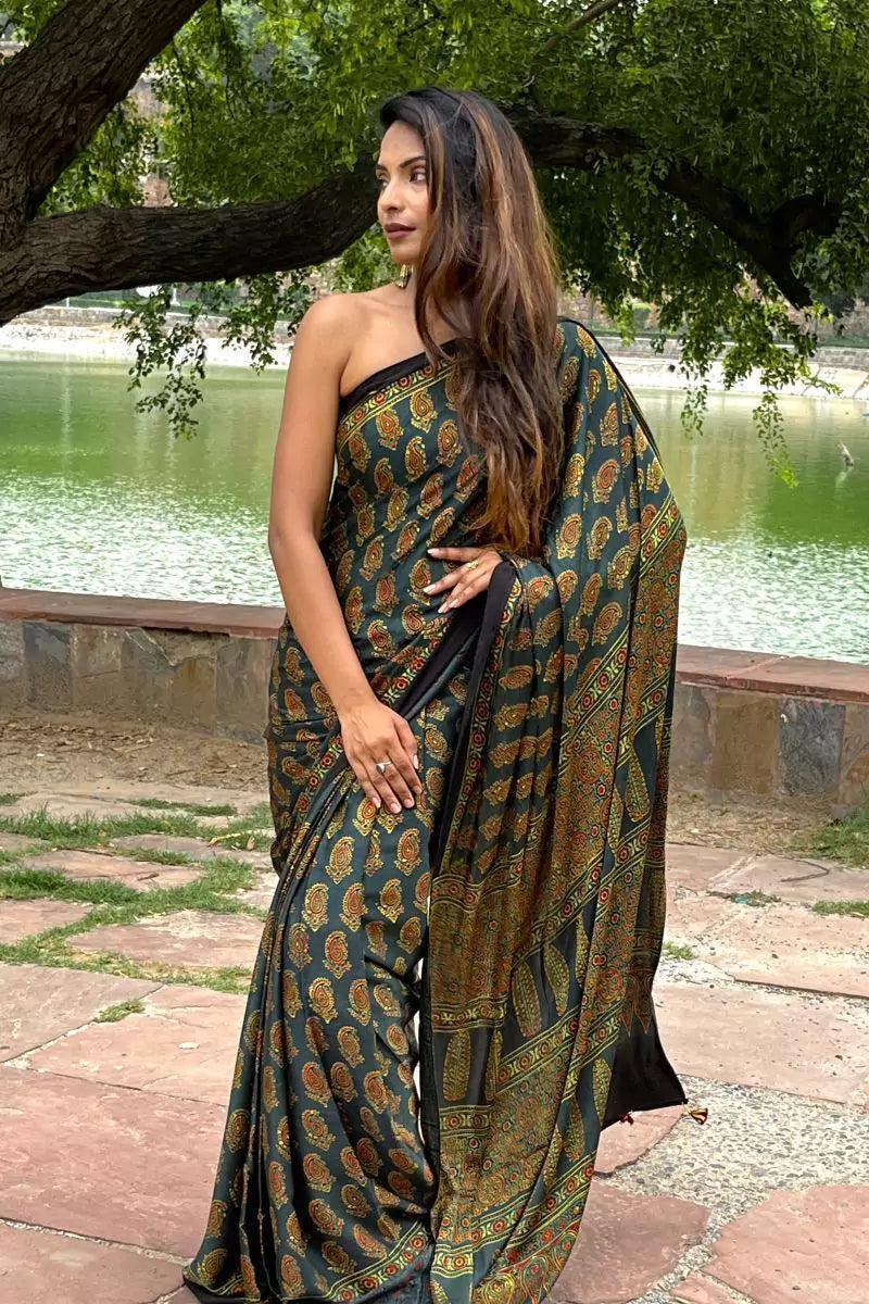 Green Paisley Ajrakh Modal Silk Saree