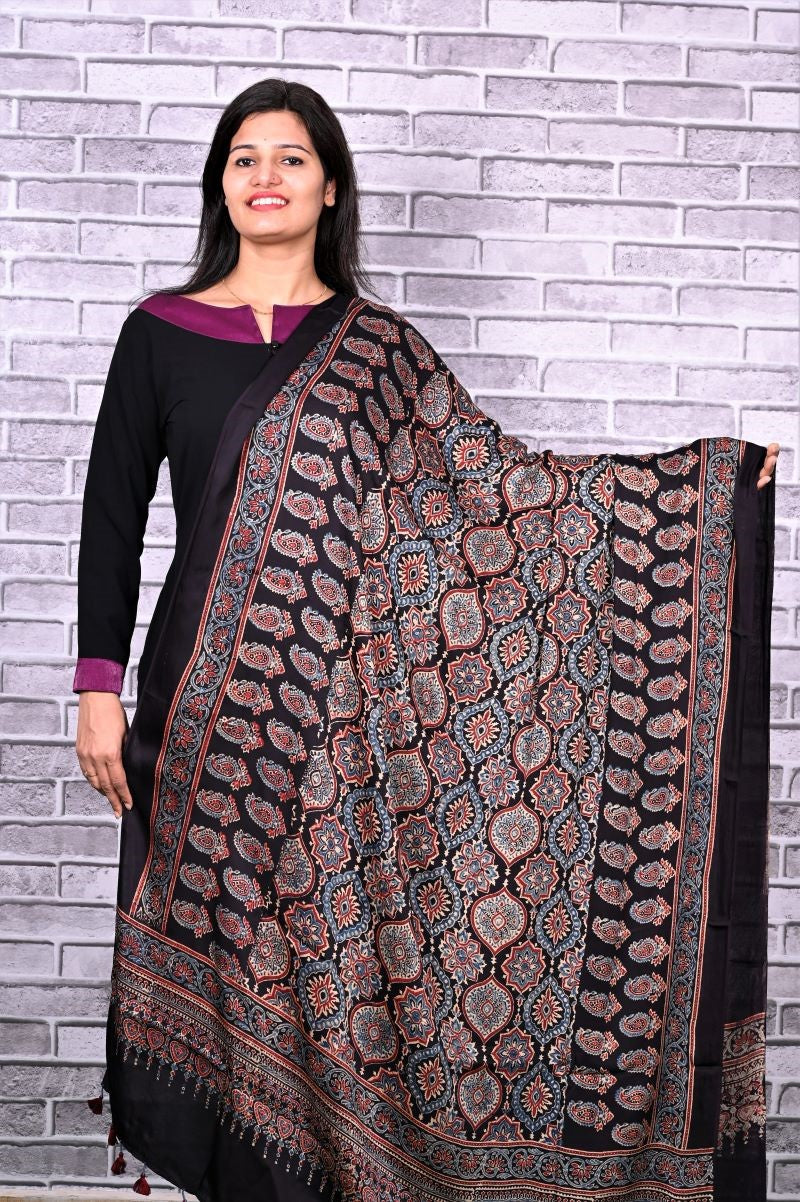 Black String Paisley Modal Silk Ajrakh Dupatta